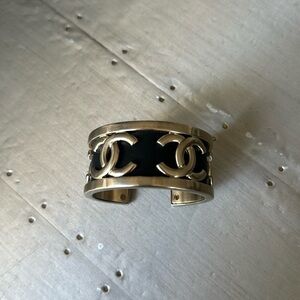 Chanel black leather metal logo cuff bracelet Preowned authentic
